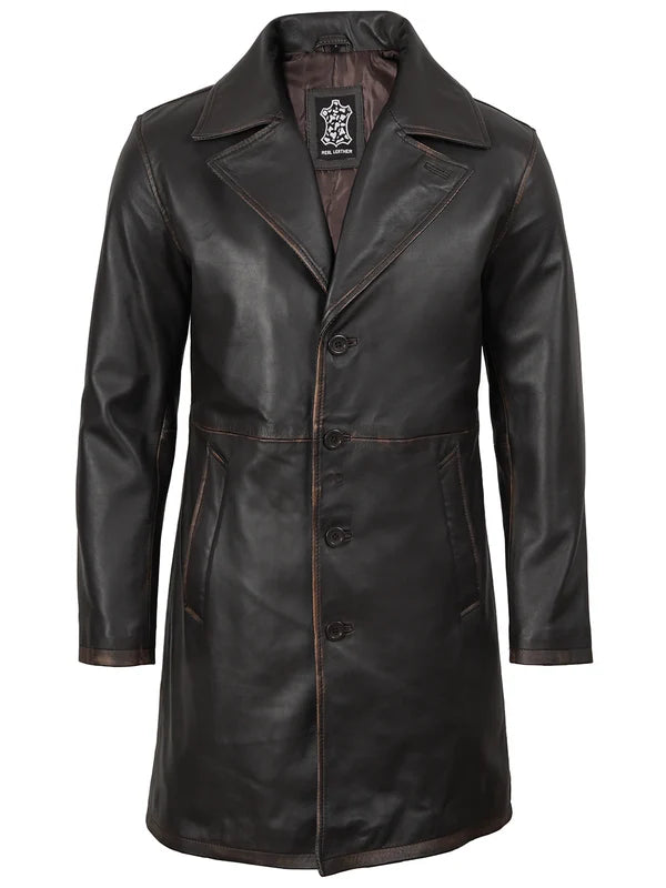 Men's Real Leather 3 4 Length Dark Brown Car Coat